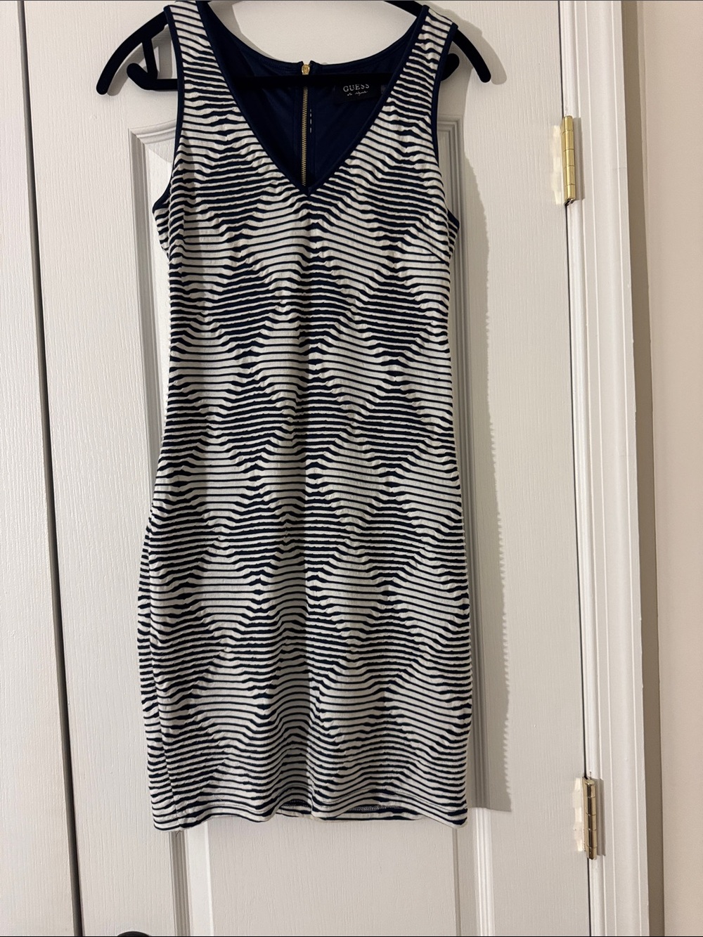 GUESS Navy and White Striped V-Neck Midi Dress